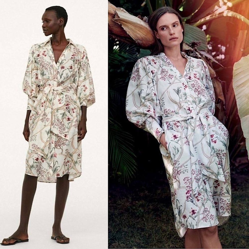 JOHANNA ORTIZ X H&M Floral Print Linen Puffed ‎ Batwing Long Sleeve Shirtdress S